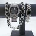 Detail view of iced-out quartz watch and bracelet set with black stones and crystals - Silver Black Style