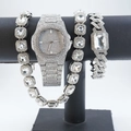 Detailed view of silver crystal watch and bracelet set on black jewelry T-bar display - Silver White Style