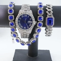 Detail of silver iced-out watch and hip-hop bracelet set with deep blue square stones - Silver Blue Style