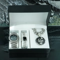 Detail view of iced-out hip hop skull pendant necklace and crystal watch set in gift box - Skull Hip Hop Style With Gift Packaging (3052)