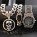 Iced-out hip hop jewelry set with skull pendant, cuban link necklace, bracelet and watch - Skull Hip Hop Style (3053)