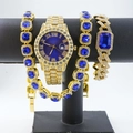 Conjunto de reloj hip hop dorado de lujo con gemas azules y piedras de circón - Estilo Oro Azul