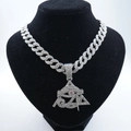 Silver iced-out Horus Eye pyramid pendant on Cuban chain with pink center stone - Silver Pendant With Cuban Chain