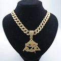 Hip hop gold Cuban chain with iced out Eye of Horus pyramid pendant and red gem - Gold Pendant And Cuban Chain