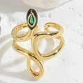 Anello a serpente dorato con smalto nero e gemma verde su pietra bianca ruvida - Aperto Regolabile / Stile Serpente Oro (JZ0303-1)