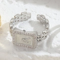 Close-up of silver watch-style open ring with rectangle dial and zircon pavé border - Adjustable Open / Silver Watch Style (JZ0303-6)