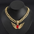Golden hip hop Cuban link necklace with iced out red gemstone angel wing pendant - Red Pendant Set / Gold