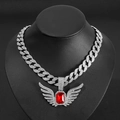 Silver iced out Cuban chain necklace with red gemstone and angel wing pendant - Red Pendant Set / Silver