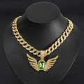 Gouden Cubaanse schakelketting met groene smaragd edelsteen en vleugel hanger heren - Lichtgroene Hanger Set / Goud