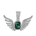 Hiphop engelenvleugel hanger met smaragdgroene steen en volledige diamantzetting - Groene Hanger Zonder Ketting / Zilver
