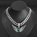 Zilveren iced out Cubaanse ketting met engelenvleugels en groene edelsteen - Groene Hanger Set / Zilver