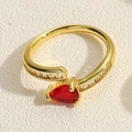 Detailed macro view of pear-cut red gemstone on gold belt buckle ring with zircons - Red Waterdrop Style