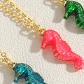 Hawaiian sea horse pendant necklace in red, green, and blue enamel with gold chain - Rose Red Enamel