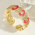 Adjustable gold open ring featuring hot pink enamel links and sparkling zircon stones - Adjustable Open / Rose Red