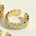 Adjustable gold plated ring with light blue enamel circles and sparkling crystal accents - Adjustable Open / Blue