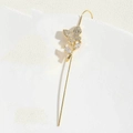 Detailed view of long gold ear cuff featuring sparkling crystal butterfly and leaf motifs - Butterfly Ear Hook-1