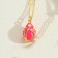 Pink oval enamel pendant necklace with gold leaf motif and dainty flower charm - Rose Red (MA1-8)