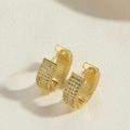 Close-up of wide gold-plated hoop earrings with rows of sparkling white zircons - Gold Pave Zirconia Hoop Earrings (14K Gold Zirconia Earrings ES2611-2)