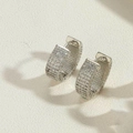 Macro shot of silver U-shaped hoop earrings with micro-paved white zircon stones - Silver Pave Zirconia Rectangular Hoop Earrings (White Gold Zirconia Earrings ES2611-3)