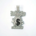 Iced out silver money bag pendant necklace with PAY ME text and black dollar sign - Silver Pendant Only (Without Chain) / Silver