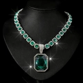 Luxury emerald-cut green crystal Cuban chain necklace with a large gemstone pendant - Silver Green Gemstone Pendant And Cuban Chain