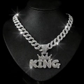 Hiphop silver Cuban chain necklace featuring a KING crown pendant with iced out rhinestones - Pendant And Chain / Silver