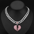 Hip hop silver Cuban chain necklace with a pink iced-out broken heart pendant - Silver Pink Rhinestone 18inch(45cm)