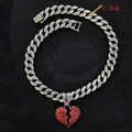 Detail showing 1.5cm wide iced out Cuban chain with red broken heart pendant - Silver Red Rhinestone 18inch(45cm)