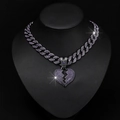Hip hop 15mm Cuban chain featuring a large purple iced-out broken heart pendant - Gun Black Purple Rhinestone Necklace Set