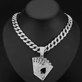 Hip hop silver Cuban chain necklace with iced out poker cards royal flush pendant - Silver 18inch (45cm)
