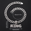 Hip hop iced out silver Cuban link chain with KING letter pendant on black leather - 18 Inch Chain / Silver