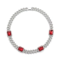 Collana a catena cubana da uomo con rubini rettangolari e maglie in argento lucido - Collana di pietre preziose rosse / 16 Pollici (40cm) / Argento