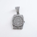 Pendente da uomo a forma di orologio stile hip-hop con finitura argento e zirconi - Ciondolo Argento Solo (Senza Catena)