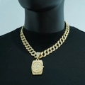 Collana cubana dorata hip-hop con un pendente a orologio di lusso completamente ghiacciato - Catena Cubana Oro 45cm