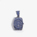Hip hop silver watch pendant with iced out blue zircons on silver Cuban chain - Silver Blue Rhinestone Pendant Only (Without Chain)