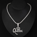 Collana con ciondolo Queen corona argento hip hop con catena tennis ghiacciata uomo e donna - Catena a tennis / Argento
