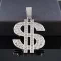 Hip-hop silver dollar sign pendant encrusted with white crystals on a cuban chain link - Pendant Only / Silver