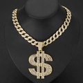 Gold-plated hip hop necklace with Cuban link chain and iced-out dollar sign pendant - Pendant With 18inch Cuban Chain / Gold