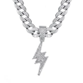 Silver-colored iced out lightning bolt pendant with sparkling crystals on a Cuban link chain - Silver / Pendant Only (Without Chain)