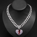 Hiphop cuban chain with broken heart pendant featuring purple and white zircons - Silver Purple Rhinestone 18inch(45cm)