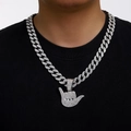 Hip hop silver iced-out Shaka sign gesture pendant with shiny Cuban link chain for men - Silver (45CM Cuban Chain)