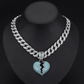 Hiphop cuban link necklace with iced out blue broken heart pendant in silver finish - Silver Lake Blue Rhinestone 18inch(45cm)