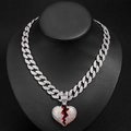 Hiphop silver Cuban chain with iced-out broken heart pendant and red details - Silver AB Rhinestone 18inch(45cm)