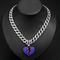 Hip hop cuban link necklace featuring a blue iced-out broken heart pendant on a bust - Silver Dark Blue Rhinestone 18inch(45cm)