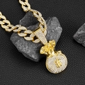 Vue détaillée du pendentif sac d'argent doré avec dollars sur cuir noir et pierres - Pendentif Seul (Sans Chaîne) / Or