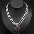 Green heart pendant cuban chain hip hop necklace with iced out crystals and lightning crack - Silver Dark Green Rhinestone 18inch(45cm)