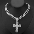 Close-up of hip hop silver iced-out cuban link chain with large cross pendant on neck bust - Silver Pendant with Cuban Chain