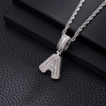 Icy silver hip hop letter A pendant necklace with baguette zircon stones on rope chain - Letter A (20inch Rope Chain) / Silver