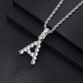 Silver iced out letter A pendant necklace with round cubic zirconia on rope chain - A-Silver