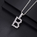 Iced out letter B pendant necklace with pave zircons and silver rope chain for men and women - B-Silver